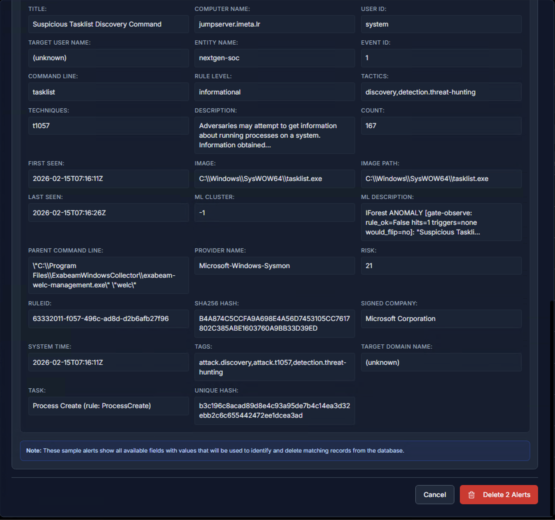 Delete Matching Alerts — Sample Details